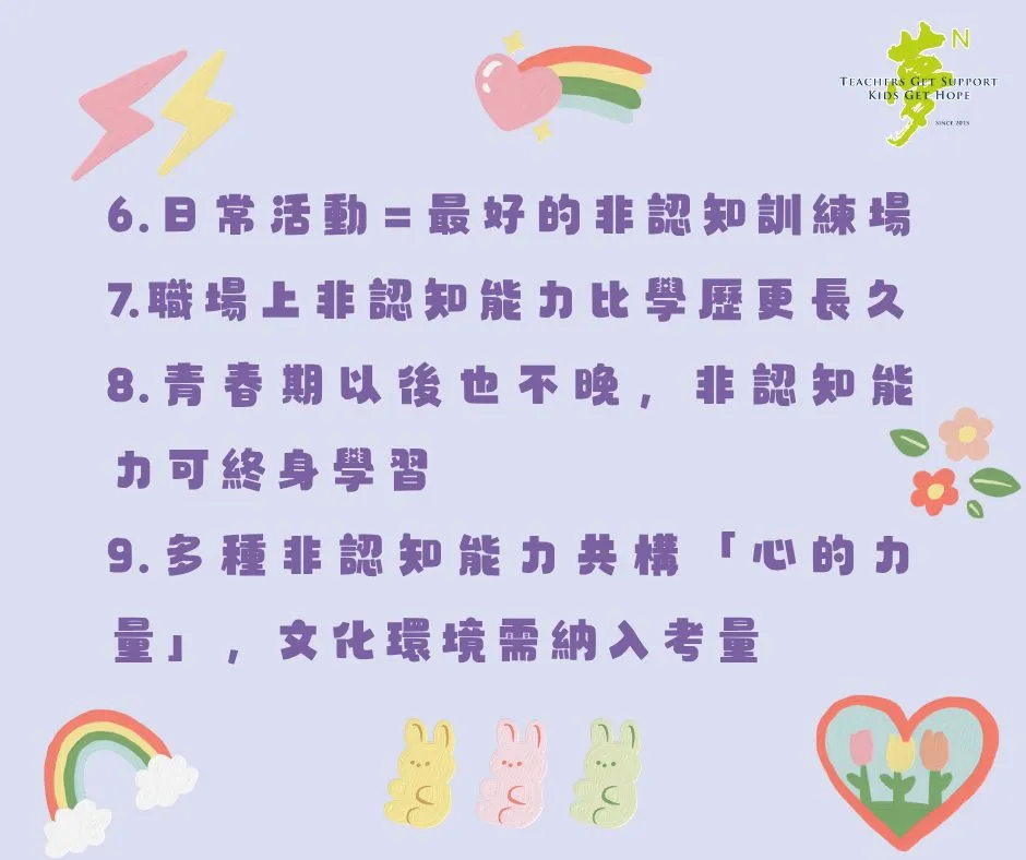 6.日常活動=最好的非認知訓練場 7.職場上非認知能力比學歷更長久 8.青春期以後也不晚,非認知能力可終身學習 9.多種非認知能力共構「心的力量」,文化環境需納入考量